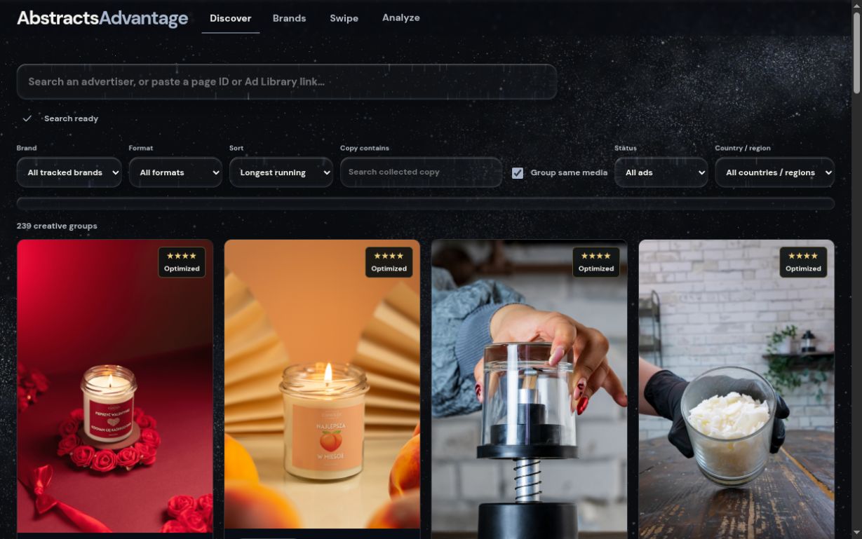 Advantage advertiser search and ad research workspace